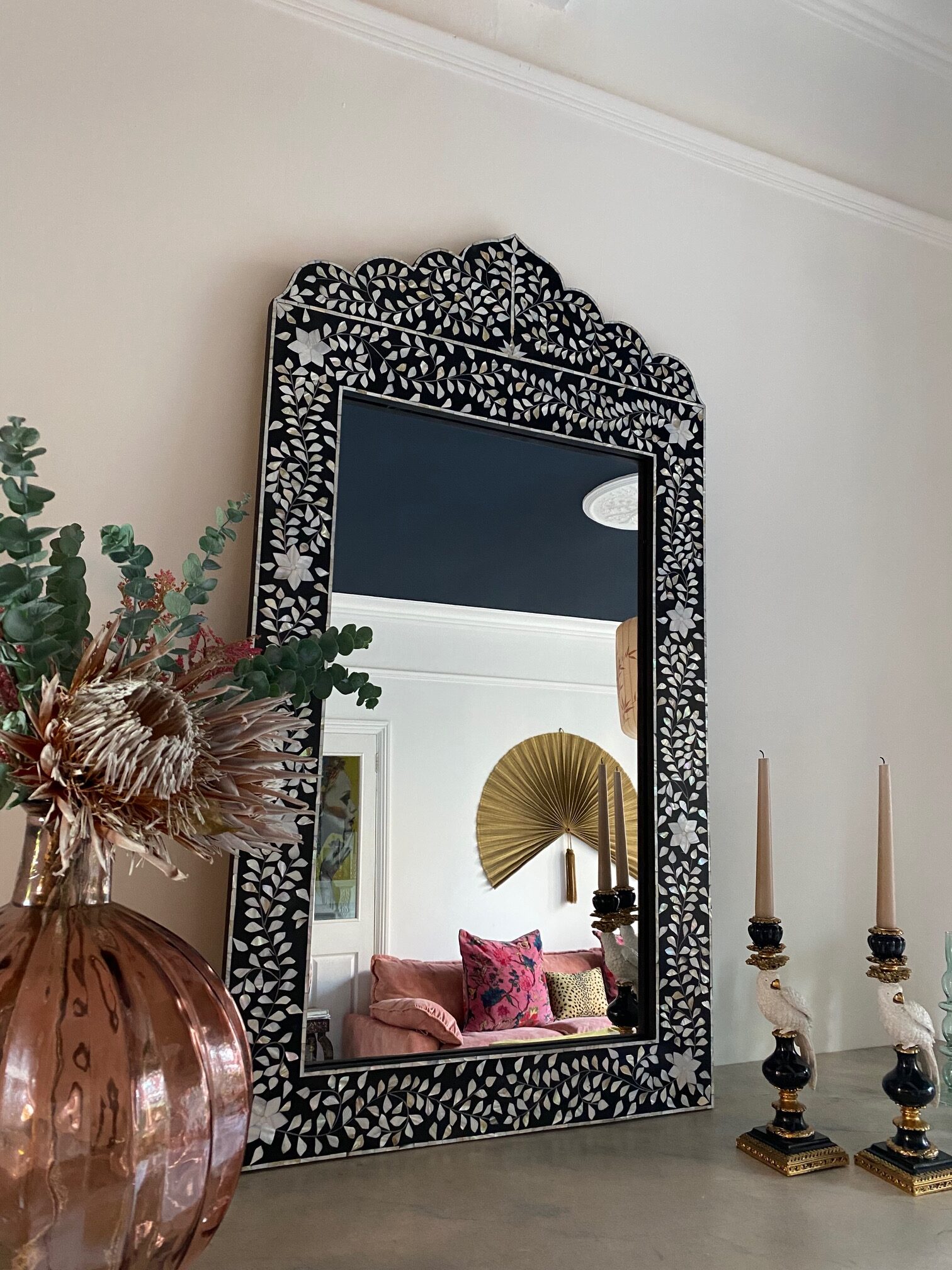 Iniya Bone Inlay Mirror  - Black Large